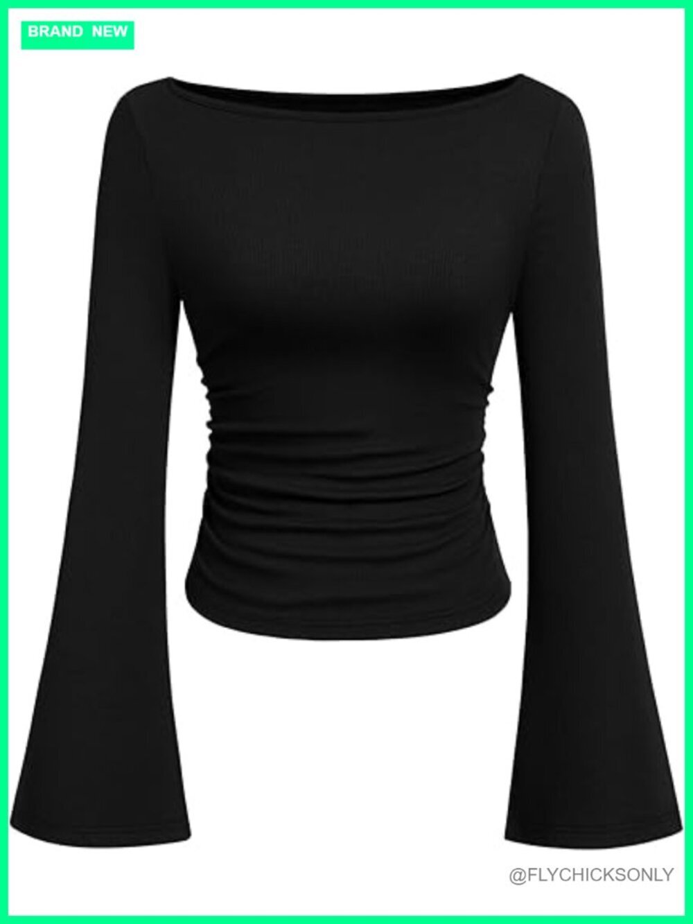 Long Sleeve Crop Top Boat Neck Bell Sleeve Ribbed Ruched Y2K Going Out Top